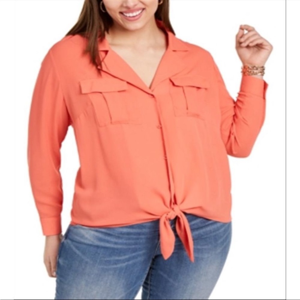 INC International Concepts Plus Size Tie Front Button Down Top